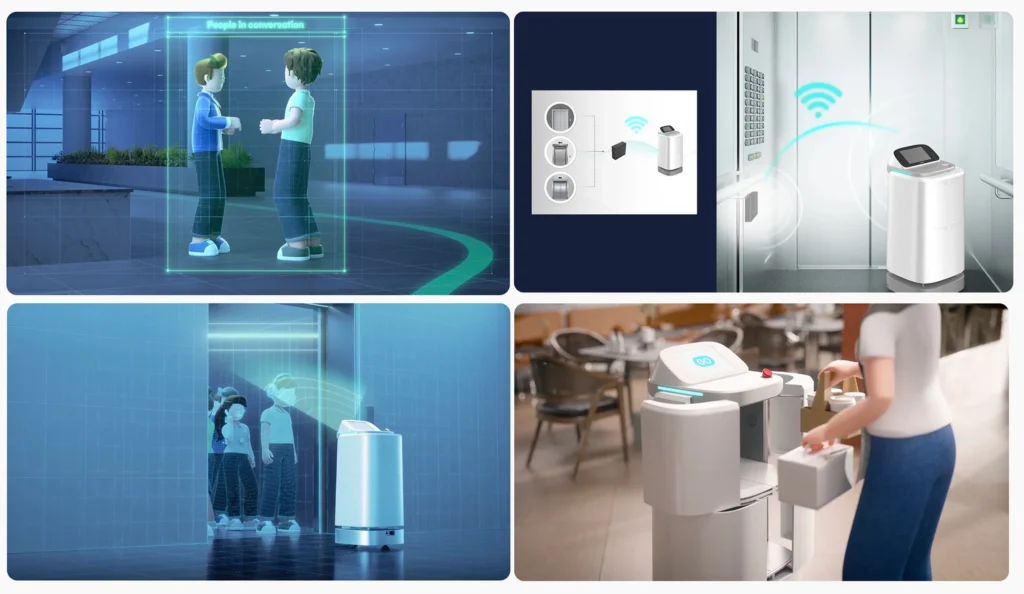 폴라리스쓰리디 AI 배송로봇은 로봇특화 Edge AI Platform 기반 VLM을 활용하여 사람이 많거나 위험한 지역에서도 안전 주행이 가능하다. 또한 엘리베이터 패널 내 무선 연동 장치를 설치하여 로봇이 직접 호출하고 상태 분석을 통해 다층 주행한다. 더하여 넓은 범위를 커버하는 라이다 센서 사용으로 즉각적인 반응 및 대처가 가능하며 사람 중심의 디자인으로 공간 내 이질감을 최소화했다. 무엇보다 모바일 앱을 통해 조작이 쉽고 적재 공간 커스텀이 가능하다.